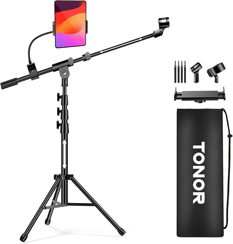 TONOR T35 Microphone Stand with Tablet Holder Tripod Boom Arm Heavy Duty