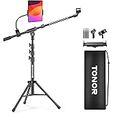 TONOR Mic Stand, Microphone Stand with Tablet Holder, Tripod Boom Arm for Floor, Adjustable Height and Angle, Heavy Duty DJ S