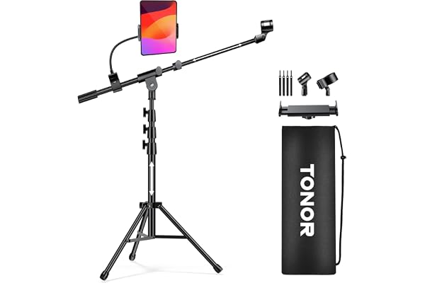 TONOR Mic Stand, Microphone Stand with Tablet Holder, Tripod Boom Arm for Floor, Adjustable Height and Angle, Heavy Duty DJ S
