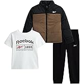 Reebok Baby Boys Pant Set - 3 Piece Quilted Puffer Jacket Boy Jogger Sweatpants and Short Sleeve Graphic Toddler Boy Shirts