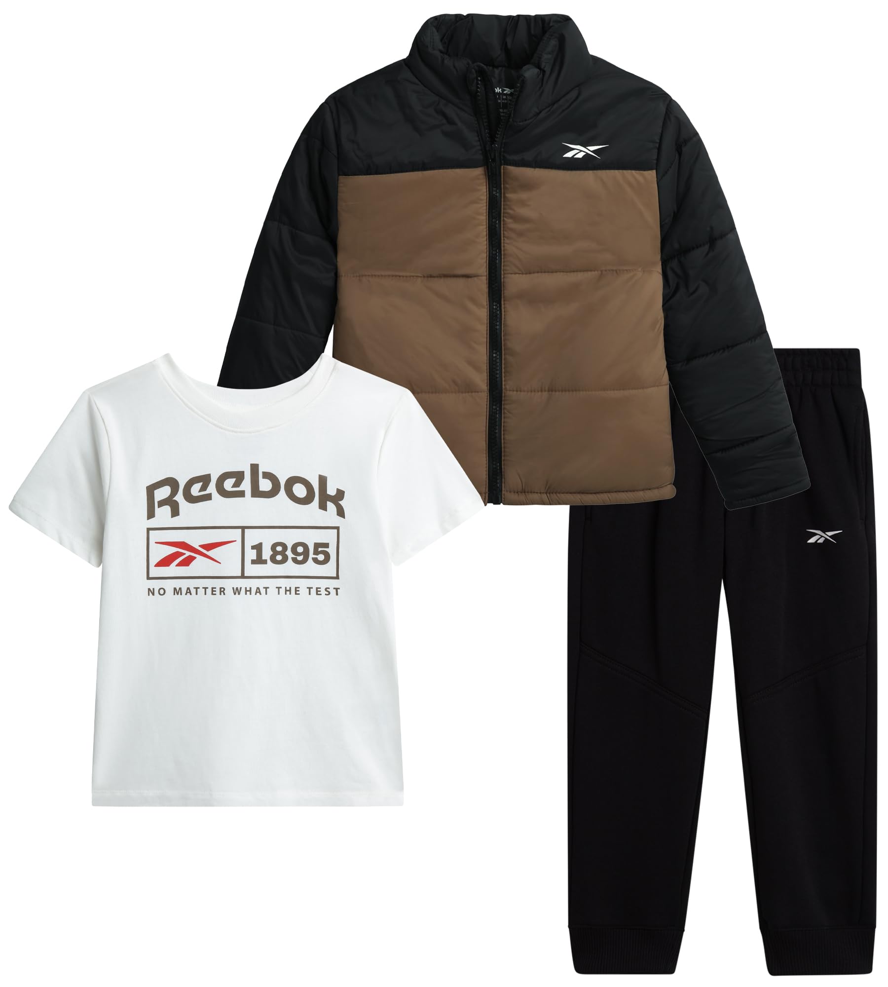 Photo 1 of **ONLY THE JACKET**Reebok Baby Boys Pant Set - 3 Piece Quilted Puffer Jacket Boy Jogger Sweatpants and Short Sleeve Graphic Toddler Boy Shirts, Size 4, Otter