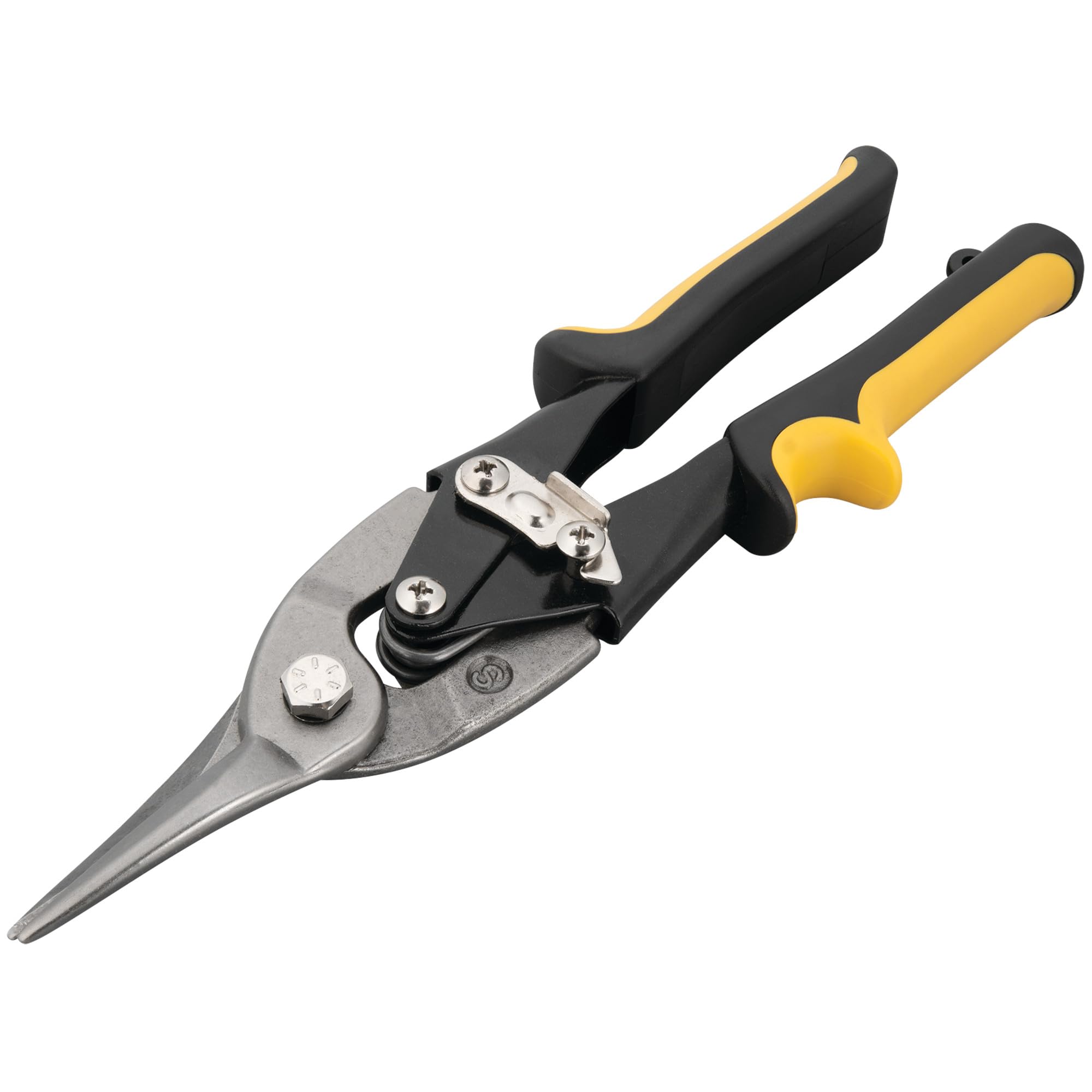 Performance Tool W2043 10 Inch Center Cut Aviation Tin Snip for Cutting Metal Sheet, Chrome Vanadium Steel with Forged Blade, Straight Aviation Snips for Safety Latch, and Hanging Hole