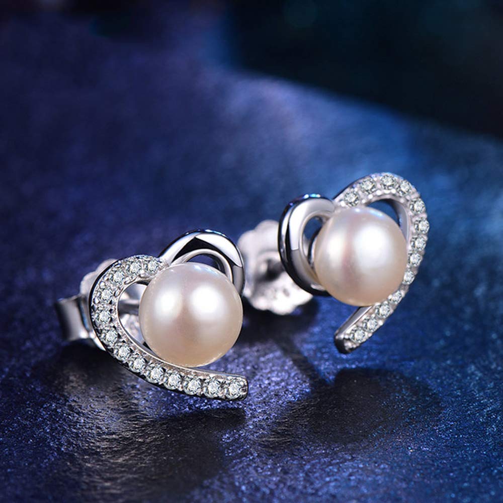 Damen Herz Zirkonia Ohrringe 6mm Süßwasser Taste weiß Perlenohrringe 925 Silber Ohrstecker mit Geschenkbox