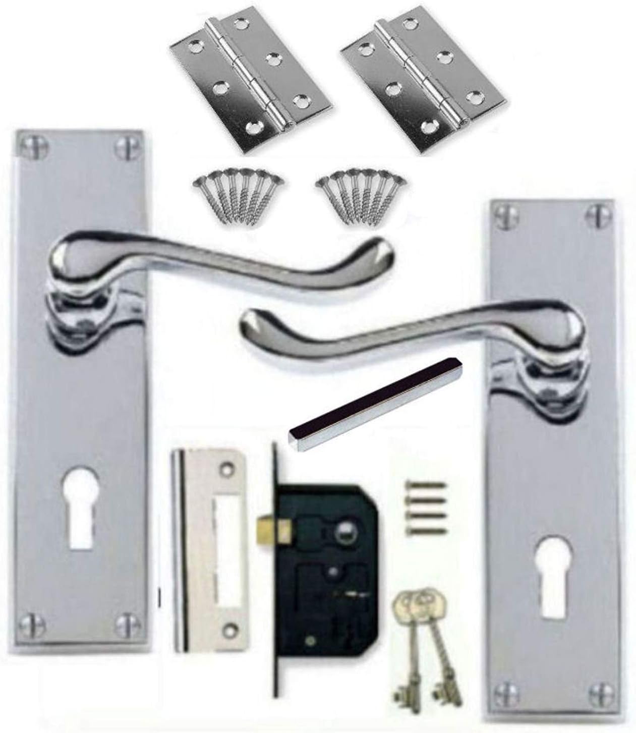 IRONZONE® Victorian Scroll Polished Chrome Door Handle Lock Pack, 3 Lever Lock, 1 Pair of Hinges