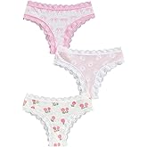WDIRARA Women's 3 Pack Cute Graphic Panties Set Lace Trim Low Rise Comfy Thong Underwear
