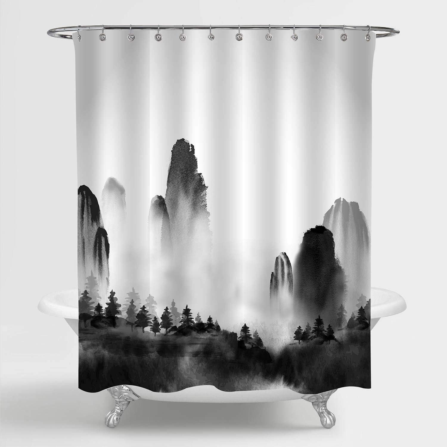 Amazon Com Mitovilla Foggy Mountains Forest Shower Curtain Set With Hooks For Asian Themed Bathroom Decor Chinese Ink Painting Wild Forest Trees And Mountains In Fog Bathroom Accessories Black White 72w X 72l