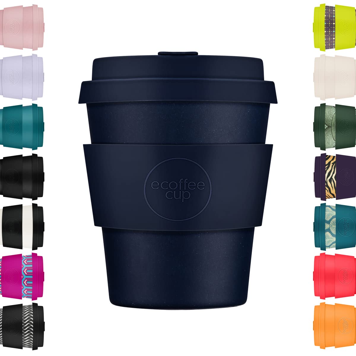 Ecoffee Cup 8oz 240ml Reusable Eco-Friendly 100% Plant Based Coffee Cup with Silicone Lid & Sleeve - Melamine Free & Biodegradable Dishwasher/Microwave Safe Travel Mug, Dark Energy