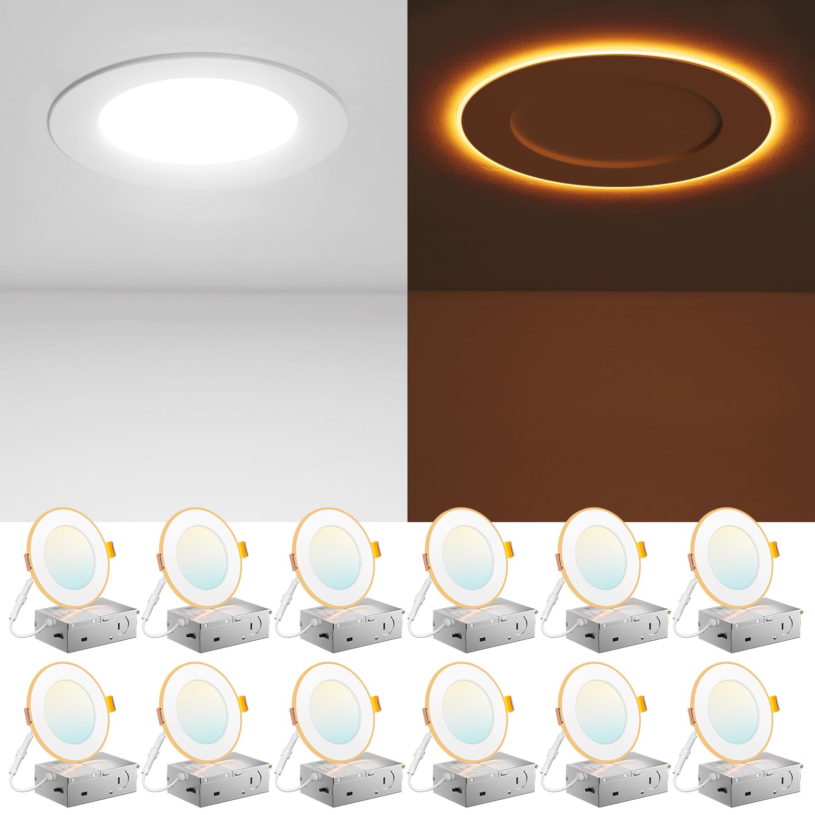 Photo 1 of Amico 12 Pack 4 Inch 5CCT LED Recessed Ceiling Light with Night Light, 2700K/3000K/3500K/4000K/5000K Selectable Ultra-Thin Lighting, 10W=90W, 700LM, Dimmable Canless Wafer Downlight - ETL&FCC