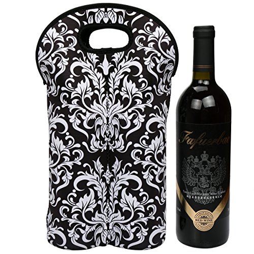 2-Bottle Insulated Neoprene Wine/Water/Beverages Bottle Tote Wine Carrier Picnic Cooler Bag (Black Flower) - Thumbnail 5