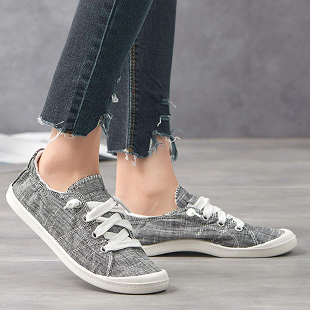 FIRENGOLI Women\'s Slip On Trainers Casual Sneakers Lace Up Flat Shoes Canvas Loafers (5 UK,Grey)