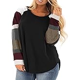 ROSRISS Womens Plus Size Long Sleeve Tunic Crewneck Colorblock Striped Tee Shirt