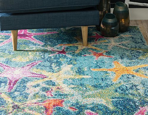 Unique Loom Positano Collection Coastal Modern Bright Colors Starfish Runner Rug_CAP001, 8' 0 x 10' 0, Navy Blue/Teal