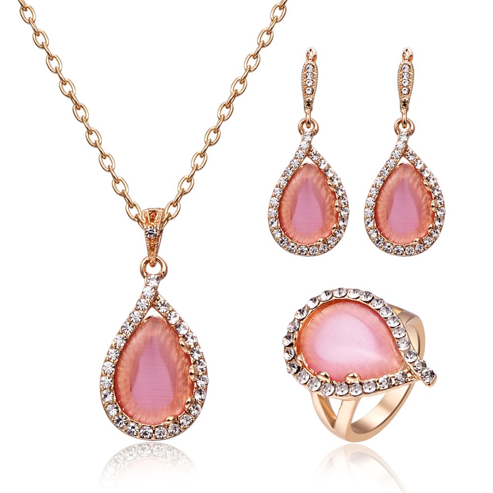 Rose Gold Crystal Jewelry Set Cute Women Pink Gems Necklace Earring Wedding Party Costume Accessories CZ Diamond - Ring#8