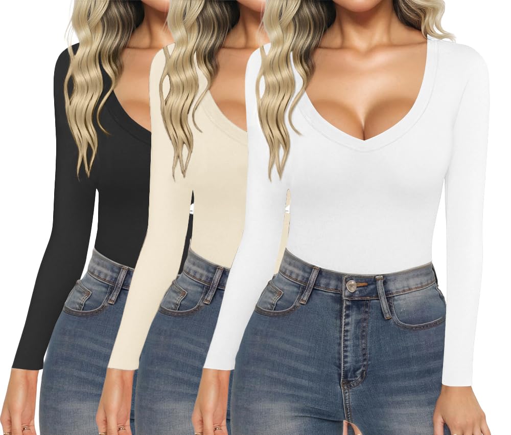Photo 1 of ***Only 1***
Ekouaer 3 Pack Long Sleeve Shirts for Women Deep V Neck Basic Thermal Tops Base Layer Undershirts Black/Beige/White L
