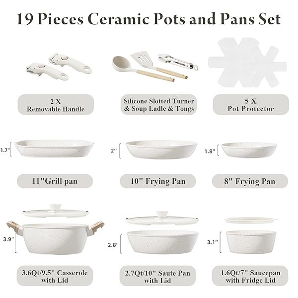 BAZOVA 19 PCS POTS AND PANS SET NON STICK CERAMIC COOKWARE SET WITH REMOVABLE HANDLES, NON TOXIC INDUCTION KITCHEN COOKWARE SETS RV COOKWARE,DISHWASHER/OVEN SAFE PFAS/PTFE/PFOA FREE,BLACK