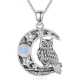MILKYX Crescent Moon and Owl Necklace, 925 Sterling Silver Natural Moonstone Pendant, Mystical Celestial Animal Jewelry Gift for Women