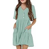 Tymidy Girls Casual Dress Summer Button V Neck Short Sleeve Ruffle Hem Flowy Swing Mini Dresses