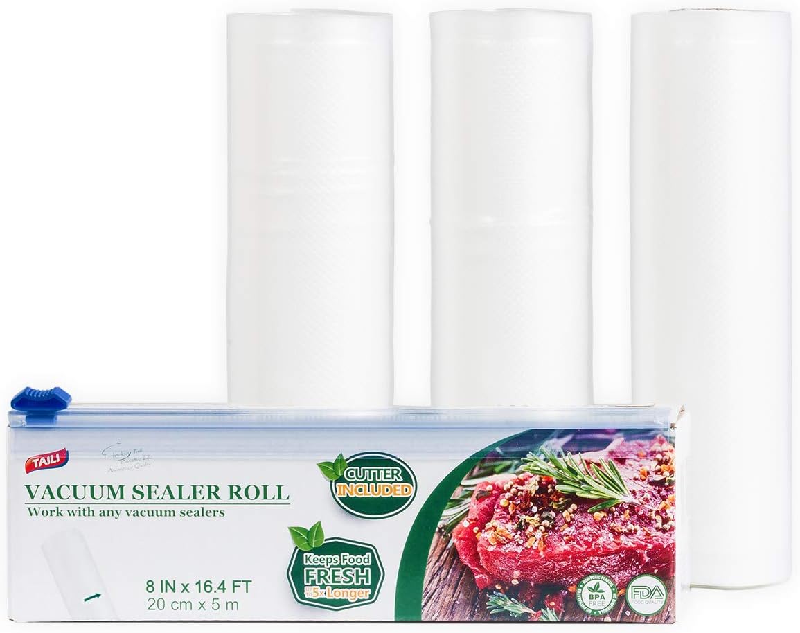 TAILI Vacuum Sealer Rolls with Cutter Box Pack of 3 20 x 500cm Vacuum Sealer Bags Multilayer BPA Free FDA Approved Fit for All Vacuum Sealer Machine Ideal for Sous Vide Cooking Freezer