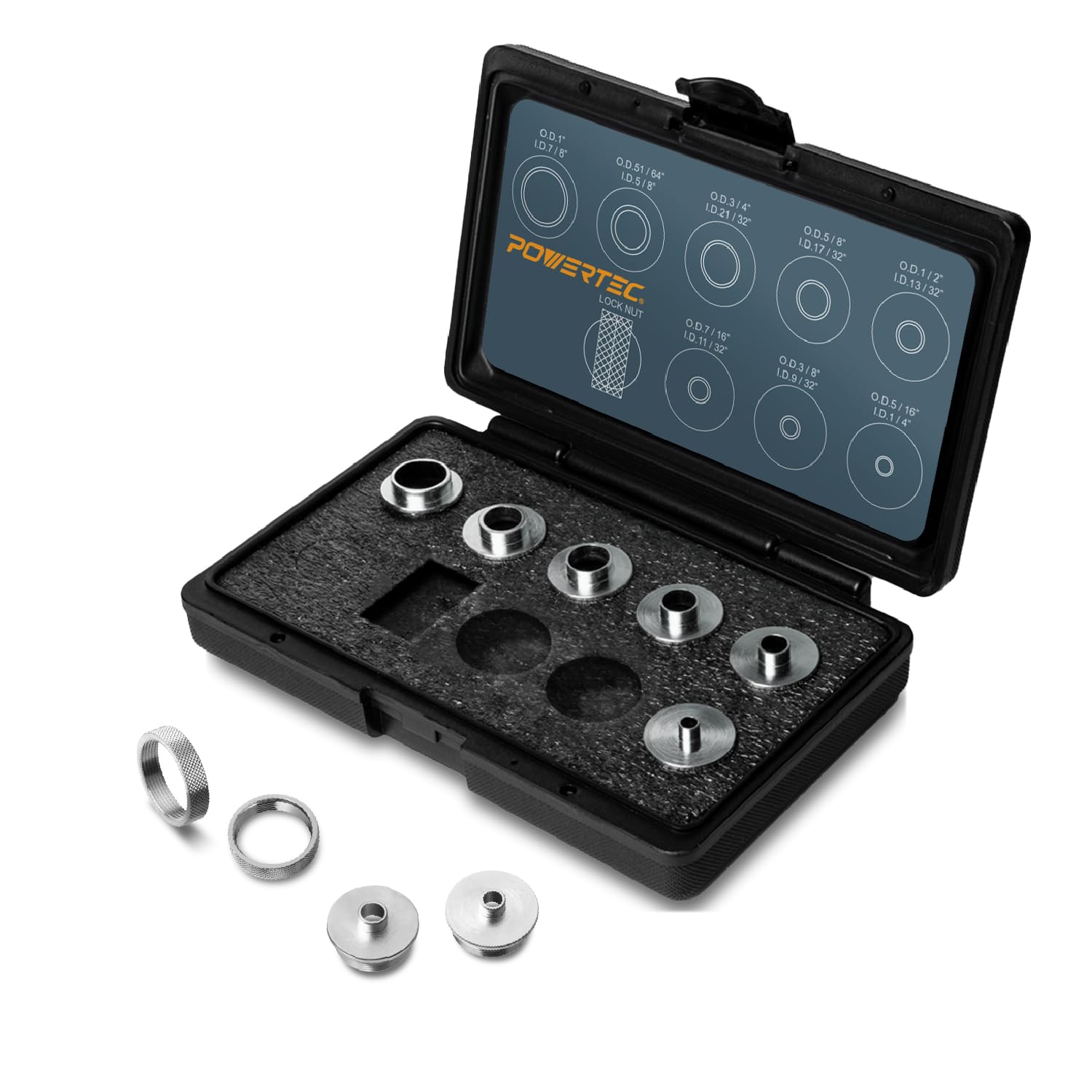 Photo 1 of ***MISSING PIECES*** POWERTEC Router Guide, Router Bushing Guide Set, Router Template Guide 10 Pcs w/Storage Case, Fits Porter Cable Style Router Sub Base Plate. Size 5/16" to 1" Router Inlay Kit for Woodworking (71051K)