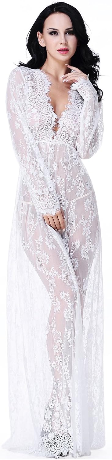 Women's Sexy See-Through Lace Babydoll Nightwear Long Gown Lingerie Dress: Clothing