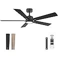 52" Ceiling Fan with Lights and Remote Control, Quiet DC Motor, Indoor outdoor Modern Ceiling Fans with Dimmable LED Light , 6-Speed, 5-Blade, Waterproof, Black/Light Brown for Bedroom, Patio, Porch
