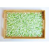 Magenta & Teal Decorative Rectangle Rattan Serving Tray 13x9 inch Mother of Pearl Inlay, Wicker Coffee Table Decor, Farmhouse (Green Petals)