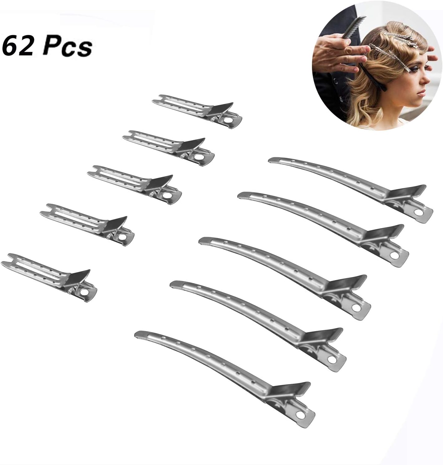 62 Packs Hair Clips 3.5 inch and 1.8 inch, Giveme5 Double Prong Curl Clips Duck Bill Hair Clips Silver Section Clips with Holes Metal Alligator Hair Pins for DIY Hair Extensions, 2 Style (62-Pack)
