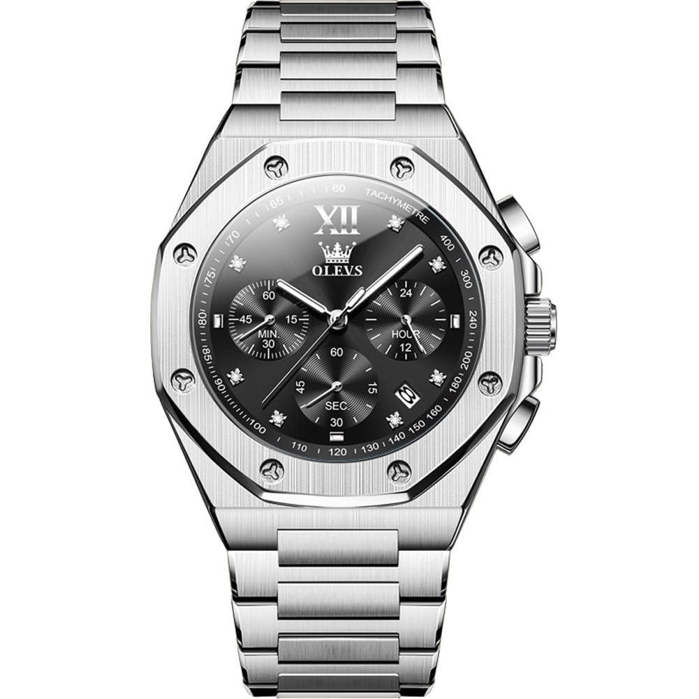 OLEVS Mens Watches, Big Face Analog Quartz Watches for Mens, Luxury Diamond Stainless Steel Men's Watch, Waterproof Luminous Date Large Men's Wristwatch