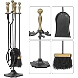Amagabeli 5 Pieces Fireplace Tools Sets Brass Handles Wrought Iron Set and Holder Indoor Outdoor Fireset Fire Pit Stand Rusti