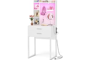 Besiost Small Vanity Desk with Hutch and Drawers, White Makeup Vanity Desk with Charging Station, Vanity Table Dressing Table with LED Lights, Vanity Desk No Mirror with Pegboard for Girls Women, 24"