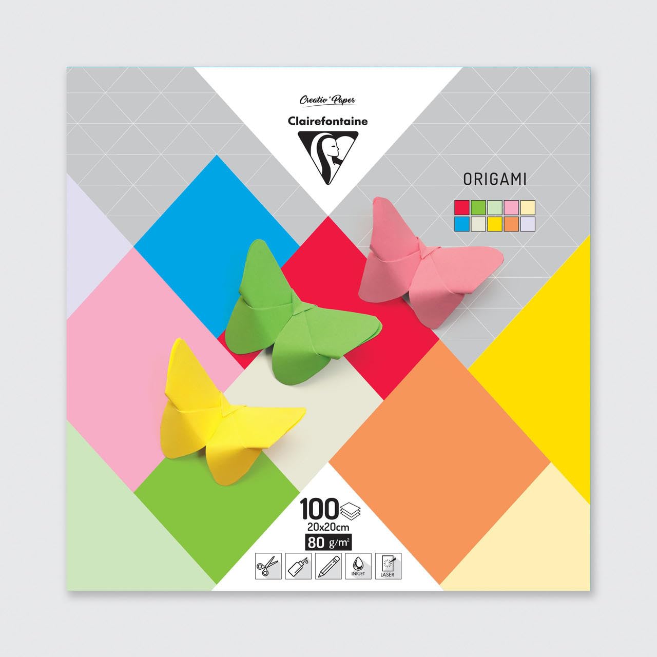 Clairefontaine 95007C Pack of 100 Sheets of Origami Paper 80g/m² Format 20x20cm Smooth Mass Dyed Coloured Paper Creative Leisure Mixed Ast 10 Different Colours