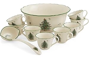 Spode Christmas Tree 10 Piece Set - Fine Porcelain Punch Bowl, Ladle, 8 Cups - 11 Inch Bowl, 8 oz Cups