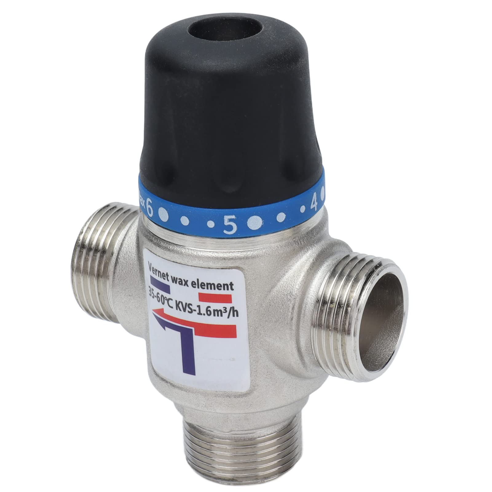 3-Way Thermostatic Mixing Valve, G3/4 Inch, Brass Nickel Plated, Silver and Black, Auto Cut-Off, Temperature Control for Underfloor Heating and Hot Water Systems