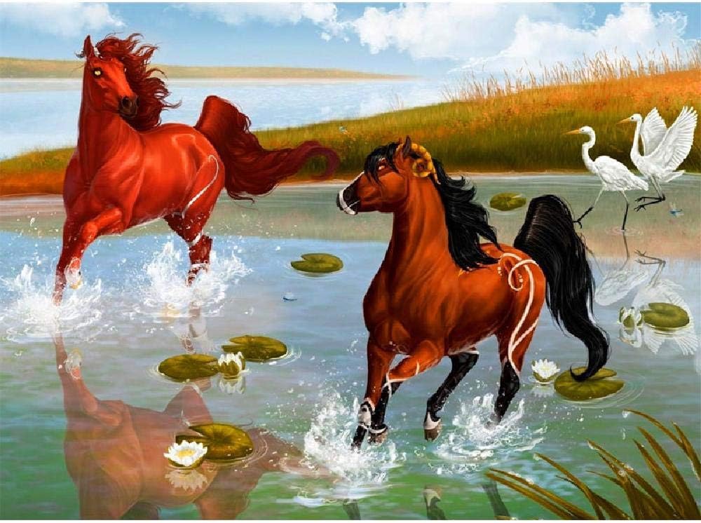 PPzoom Adult Wooden Puzzle 1500 Pieces 2 Horses and Waterfowl by The River Art Paintings