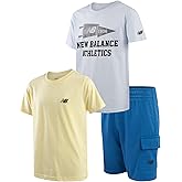 New Balance Boys Shorts Set - 3 Piece Short Sleeve Crewneck Graphic Tees and Athletic Performance Shorts for Boys (8-12)