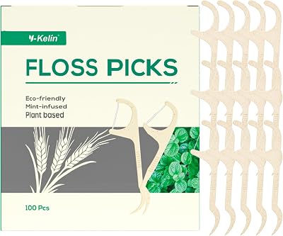 Y-Kelin Dental Floss Picks Eco Wheat Straw 100 Count Vegan Cruelty Free