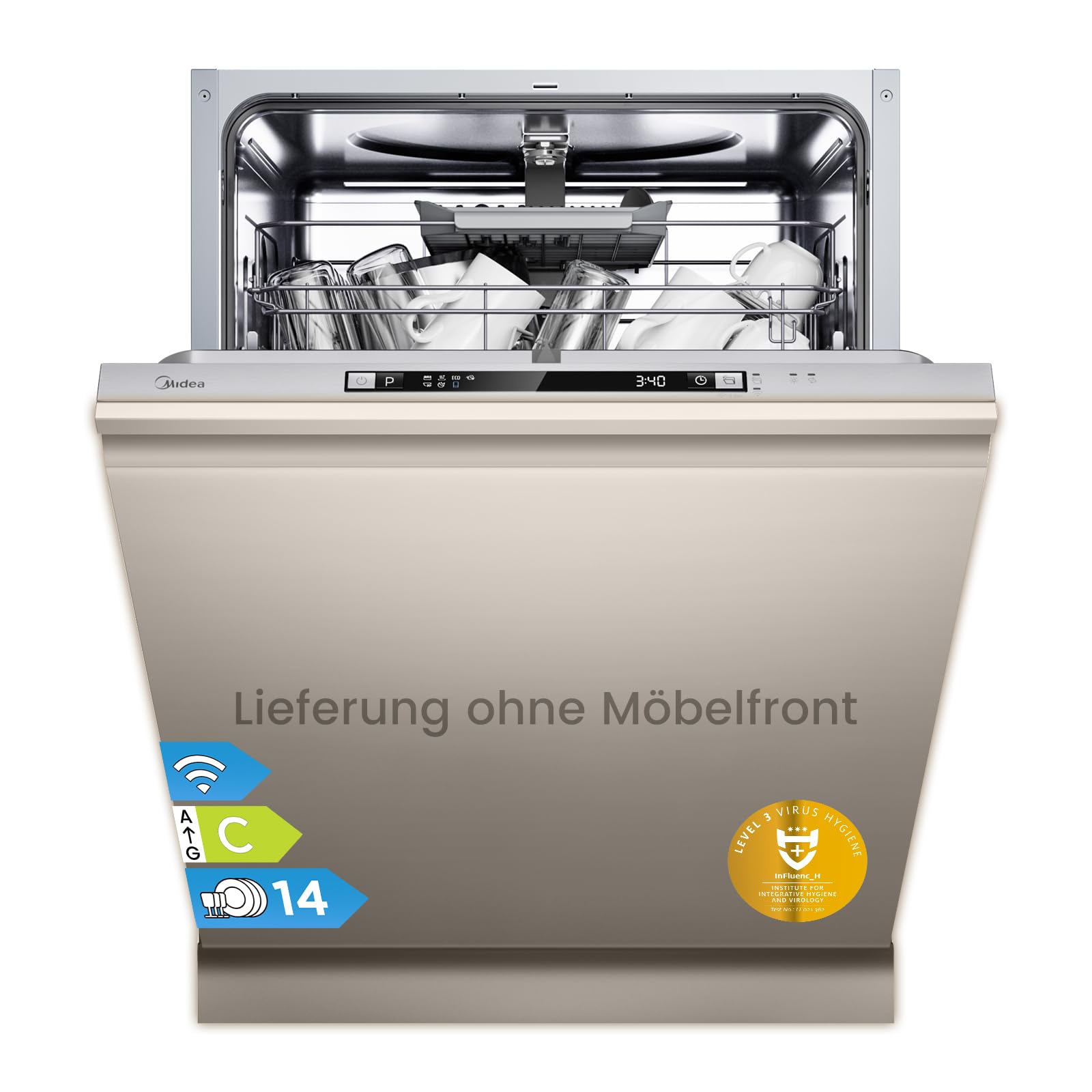 Midea SV 5.14K14C Geschirrspüler Vollintegriert 60cm, 14 Maßgedecke, Spülmaschine Unterbaufähig mit WIFI, 8 Programme, 44 dB, Automatische Türöffnung, 0-24H Startverzögerung, Inox