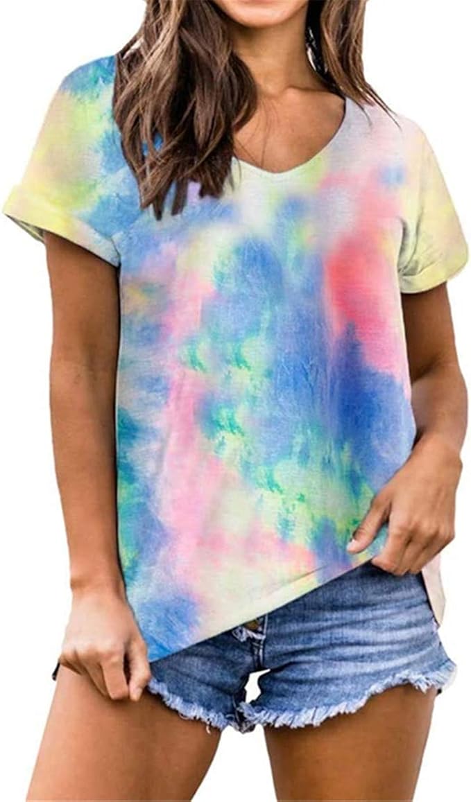 T Shirts for Women Tie Dye V Neck Short Sleeve T-Shirt Summer Casual Tee Tops Workout Loungewear 
