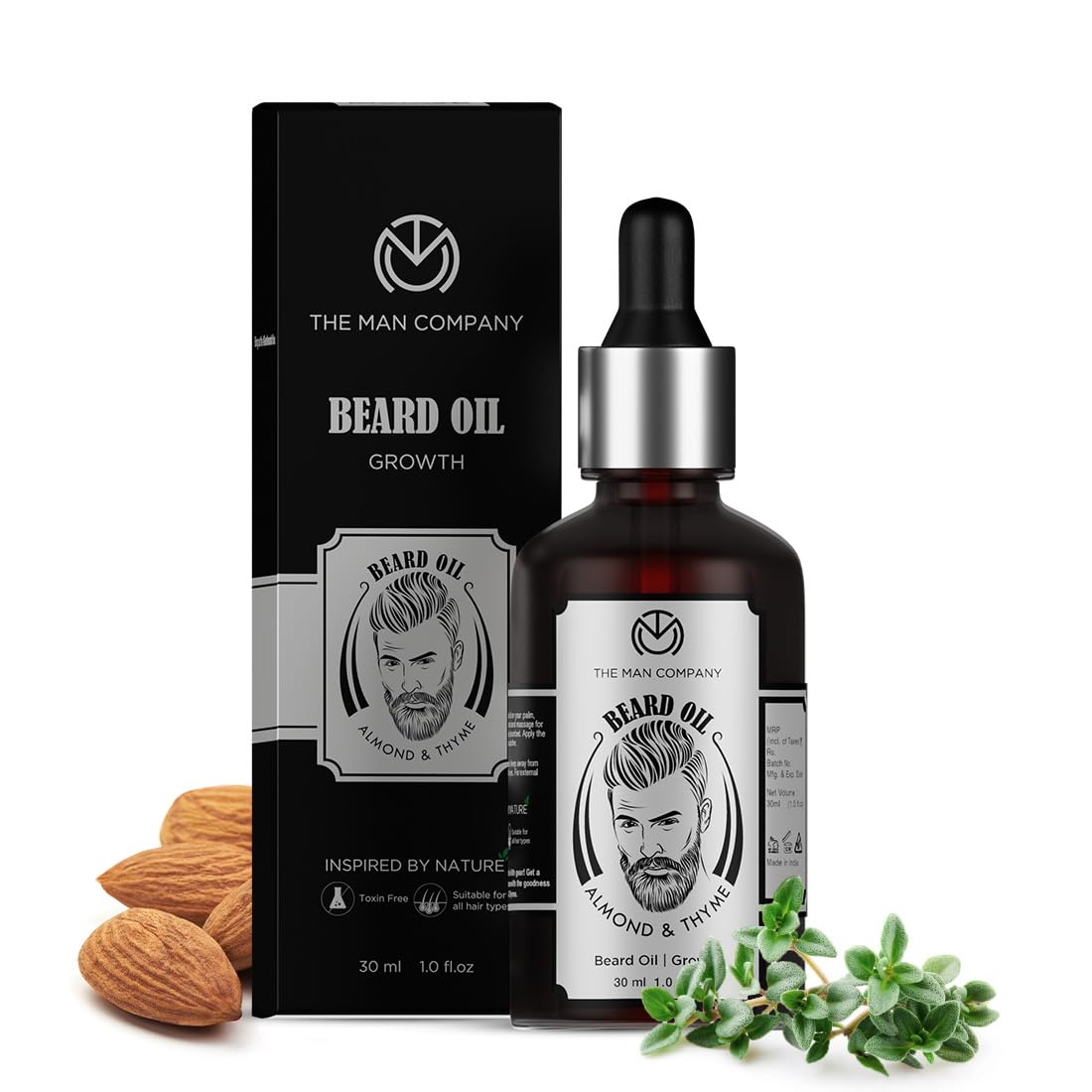 The Man Company 100% Natural Beard Oil for Men with Almond Oil, Thyme, Argan, and Jojoba Oil for Faster Beard Growth - 1.1 Oz | Beard Conditioner Oil, Softens & Strengthens Beards and Mustaches
