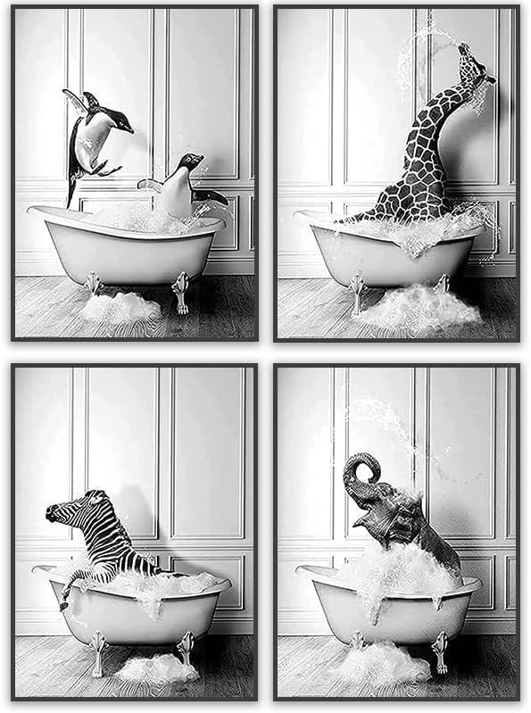 QPLGTU Bathroom Home Background Wall Decoration Poster, Black and White Highland Livestock Animal Decoration Photos Wallpaper, Funny Animal Print Poster, Frameless (Bathroom Animal 7, 20 x 30 cm x 4)