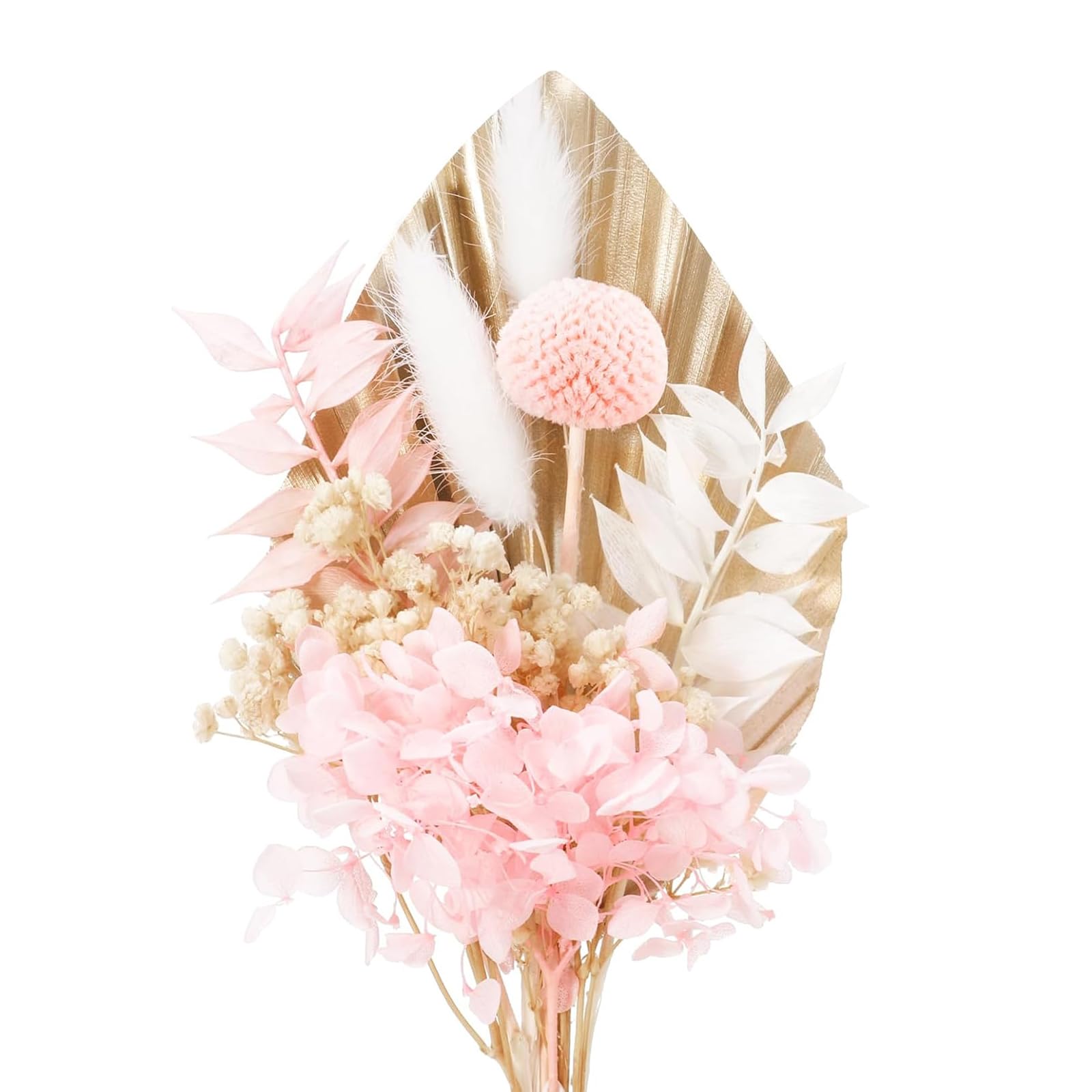 YREYBN Dried Flowers Bouquet - Real Dried Pink Flowers for Cakes, Gold & White Palm Leaves Cake Topper