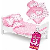 Emily Rose 18 Inch Doll Bedding Set, Reversible 5 Piece Pink Heart Bed Set | Reversible 5-piece 18 inch doll bedding with ruffled comforter, sheet &amp; 3 pillows; premium fabric with reinforced stitching