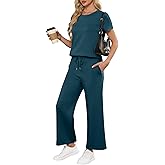 ANRABESS Women 2 Piece Lounge Sets Summer Travel Sweat Outfits Short Sleeve Wide Leg Casual Matching Tracksuits Clothes