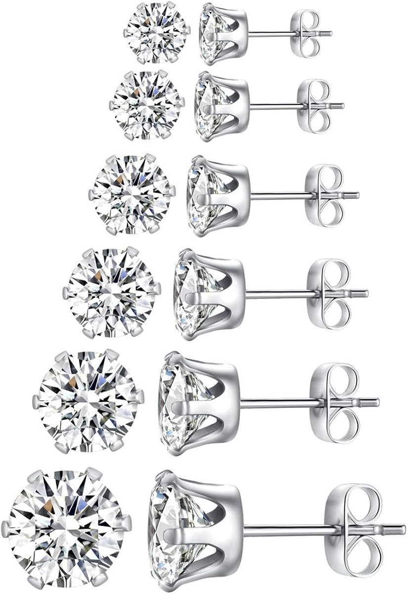 FOSIR 6 works CZ Stud Earrings Set, Men Women Stainless Steel Cubic Zirconia Earrings, 3-8mm - Image 5