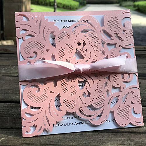 50 Elegant Laser Cut Square Wedding Invitations Cards with RSVP Lace Flowers Engagement Birthday Bridal Shower Baby Shower Graduation Invitation Cardstock Party Favors (pink)
