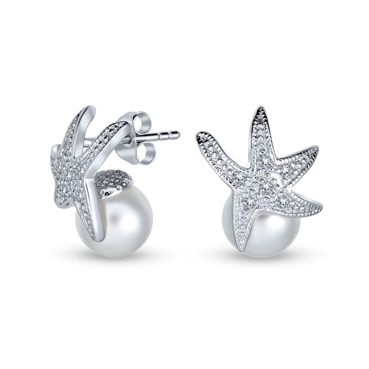 Nautical Bride CZ Beach Destination Wedding White Simulated Pearl 8MM Starfish Stud Earring For Women Bridesmaids .925 Sterling Silver — image 1
