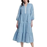 D-Sun Embroidered Maxi Dress for Women Casual Cotton 3/4 Sleeve V Neck Tiered Flowy Fall Maxi Long Dress