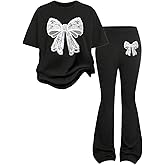 WDIRARA Girl's 2 Piece Sets Bow Short Sleeve T Shirt and Bell Bottom Flare Pants Outfits