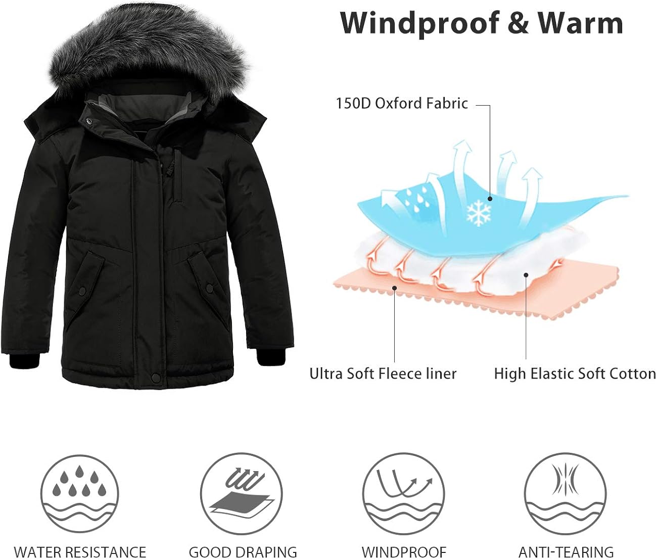 ZSHOW Girls' Water Resistant Winter Coat Soft Fleece Lined Cotton Padded Puffer Jacket: Clothing