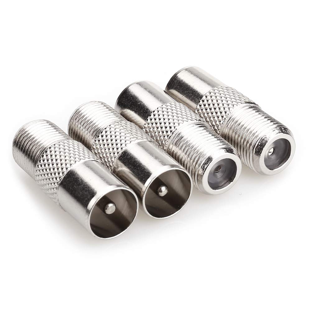 NANYI Female To Male TV Aerial Coaxial Coupler,T/F Type Screw Connector Socket to RF Coax Aerial Adapter Nickel plating (Male-Female-4Pack)